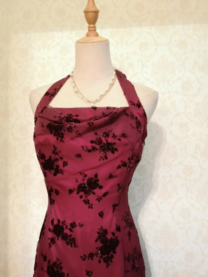 Vintage Prom Dresses 80s Mermaid Halter Red Black Lace Irregular Hem Tea Length Formal Outfit RB4320