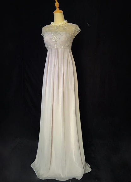 Inspiration Robes de bal vintage, ligne A, col rond, mousseline argentée, longues années 80, avec perles, robes de soirée N3394
