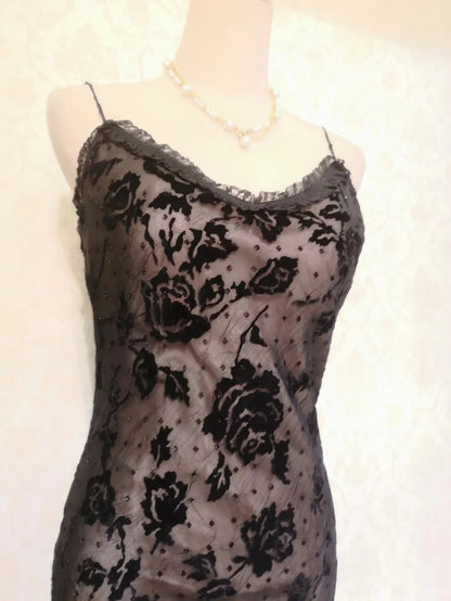 Vintage Prom Dresses 70s Mermaid Spaghetti Straps Black Lace Sleeveless Evening Formal Outfits RB4319