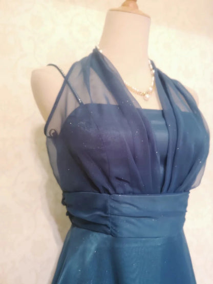 Vintage A line Halter Blue Chiffon 12th Grad Knee length Aesthetic Look Homecoming Dresses RB4313