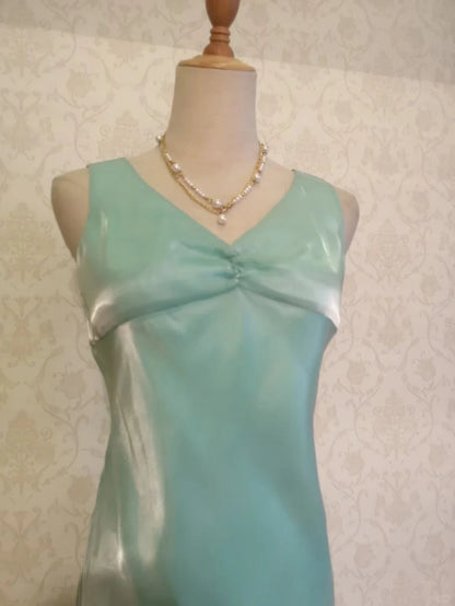 Vintage Prom Dresses 70s Mermaid V Neck Green Tea Length Evening Formal Outfits RB4308