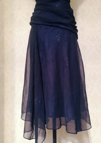 Vintage Prom Dresses 70s A line Square Neck Navy Blue With Ruffled Sleeveless Evening Formal Outfits RB4306