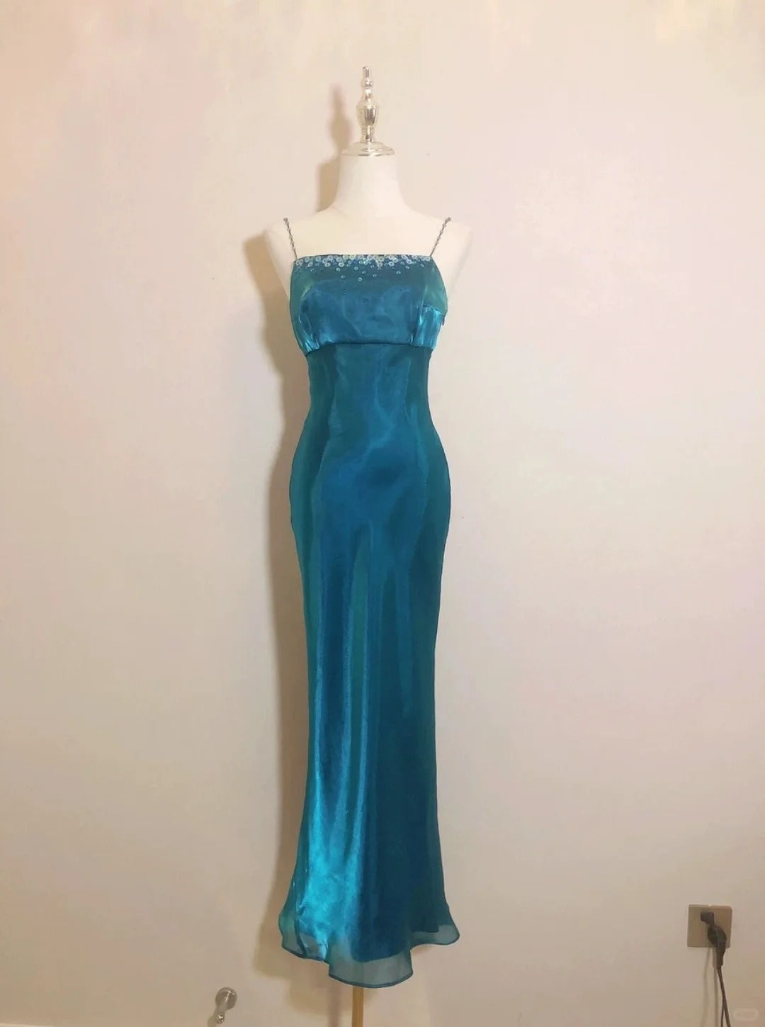 Vintage Prom Dresses 70s Mermaid Spaghetti Straps Blue With Beading Sleeveless Evening Formal Outfits RB4303