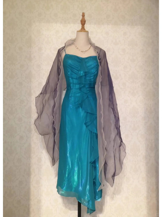 Vintage Prom Dresses 70s A Line Spaghetti Straps Blue Tea Length Formal Outfits With Cape RB4294