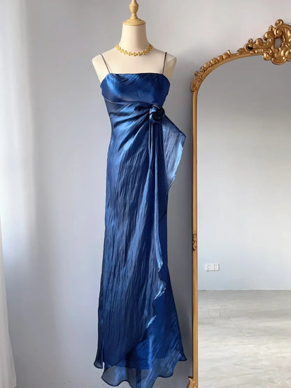 Vintage Prom Dresses 80s Sheath Spaghetti Straps Navy Blue Sleeveless Floor Length Evening Formal Outfits RB4272