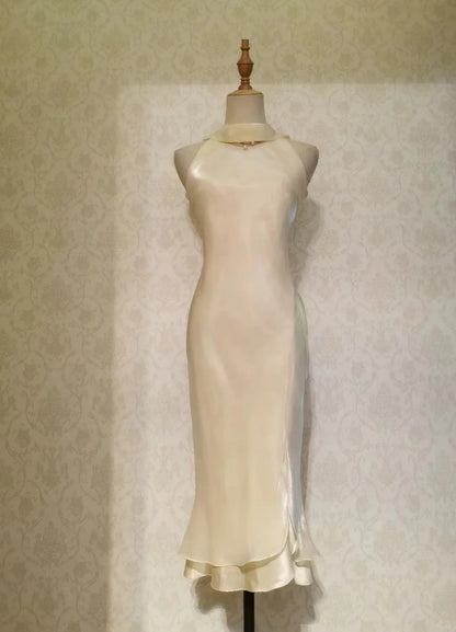 Vintage Mermaid High Neck 1950s Ivory Event Birthday Dress Sleeveless Evening Prom Formal Dresses RB3210