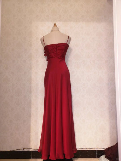Vintage Prom Dresses 70s A Line Spaghetti Straps Red Chiffon Sleeveless Evening Formal Outfits RB4316