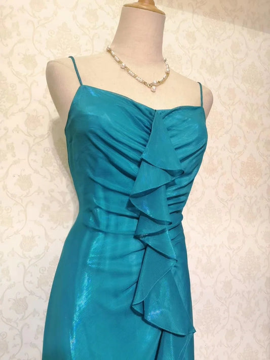 Vintage Prom Dresses 70s A Line Spaghetti Straps Blue Tea Length Formal Outfits With Cape RB4294