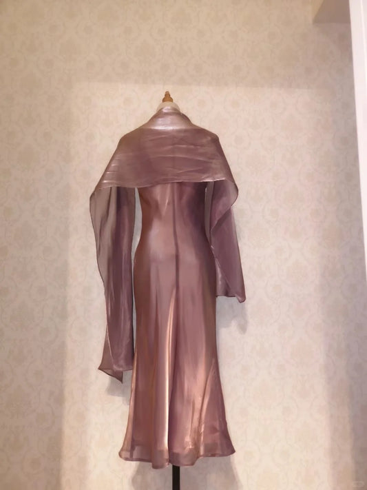 Vintage Prom Dresses 70s Mermaid Square Neck With Cape Sleeveless Tea Length Evening Formal Outfits RB4290
