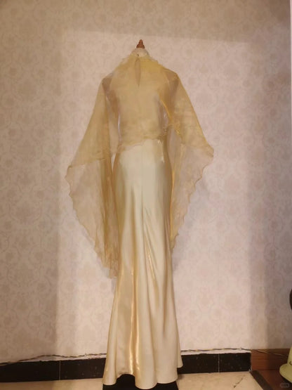 Vintage Prom Dresses 70s Mermaid High Neck Yellow With Cape Sleeveless Floor Length Evening Formal Outfits RB4289