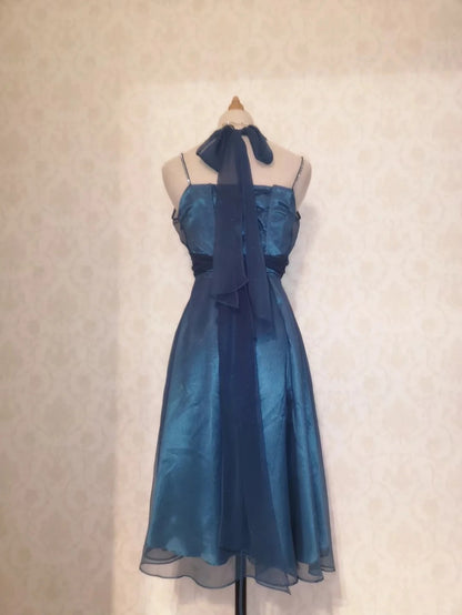 Vintage A line Halter Blue Chiffon 12th Grad Knee length Aesthetic Look Homecoming Dresses RB4313