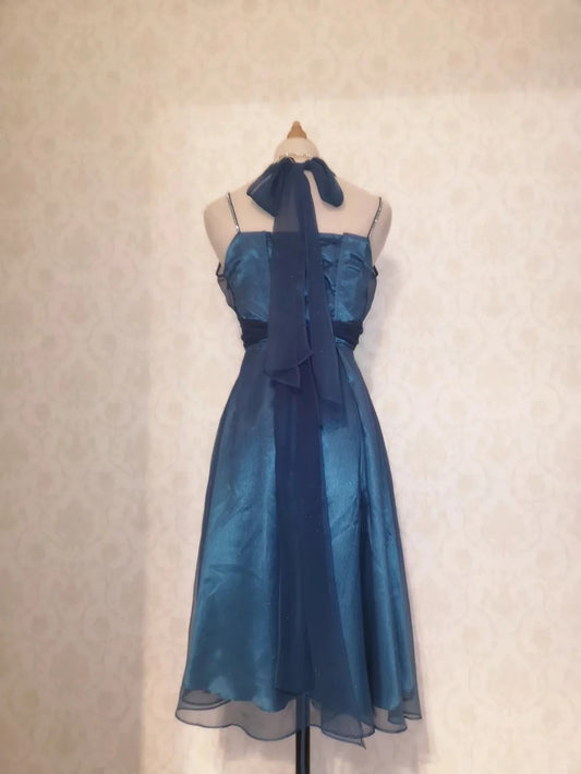 Vintage A line Halter Blue Chiffon 12th Grad Knee length Aesthetic Look Homecoming Dresses RB4313