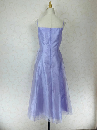 Vintage Prom Dresses 70s A Line Spaghetti Strap Lilac With Ruffle Tea Length Formal Outfits RB4307