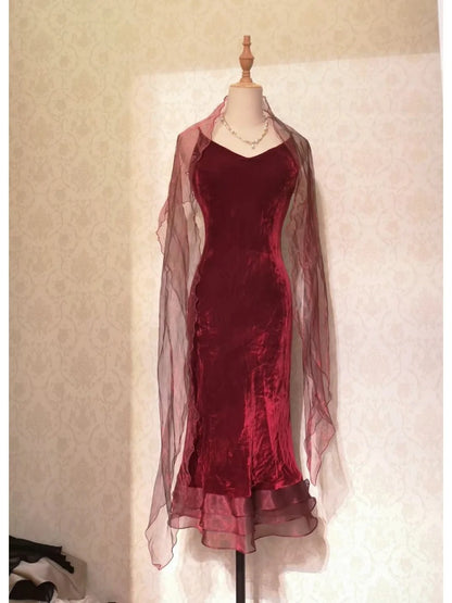 Vintage Prom Dresses 70s Mermaid Spaghetti Straps Burgundy Tea Length Formal Outfits With Cape RB4293