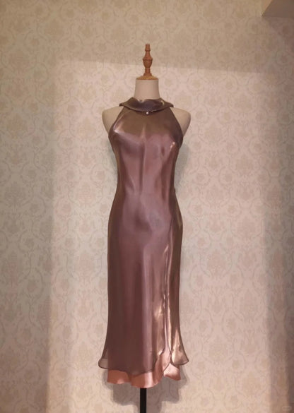 Vintage Prom Dresses 1950s Mermaid High Neck Brown With Ruffles Sleeveless Tea Length Evening Formal Outfits RB4280