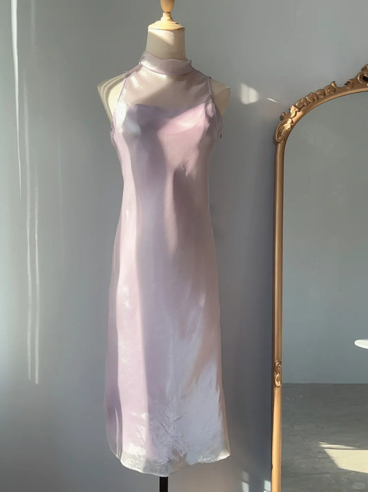 Vintage Prom Dresses 70s A Line Pink High Neck Sleeveless Tea Length Formal Outfits RB4273
