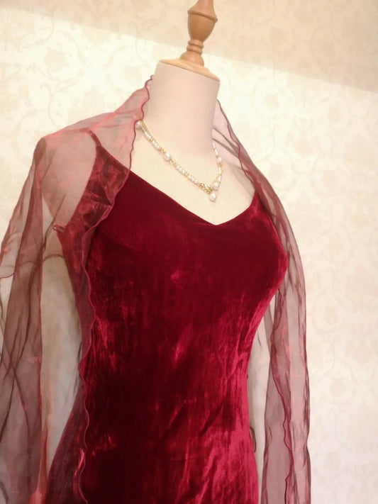 Vintage Prom Dresses 70s Mermaid Spaghetti Straps Burgundy Tea Length Formal Outfits With Cape RB4293