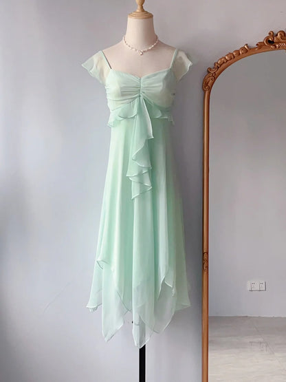 Sweet A Line Mint Green Chiffon Knee Length Spring Summer Event Outfits Wedding Guest Dresses RB3242