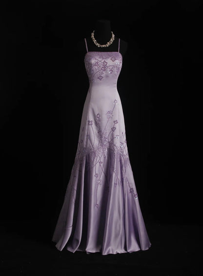 Vintage Prom Dresses 90s Mermaid Spaghetti Strap Lilac Satin Backless Long With Beading Evening Formal Outfits RB5144
