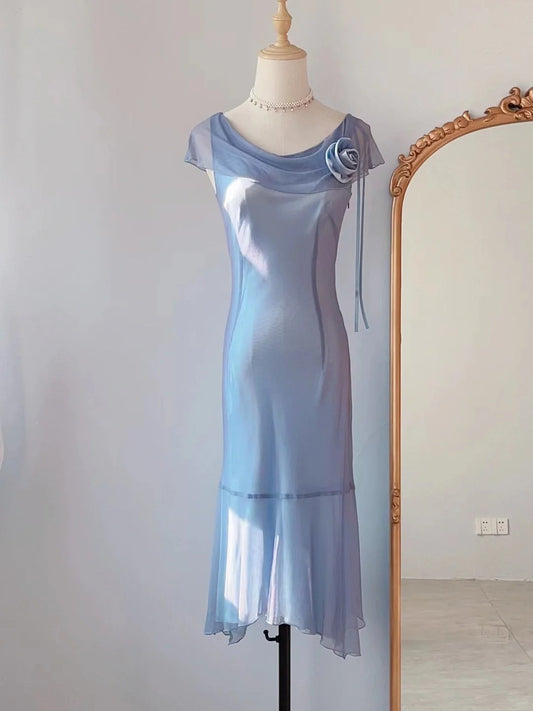 Vintage Sheath Cowl Blue Tea Length Chiffon Prom Dresses Formal Outfits RB3897