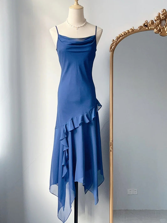 Vintage A line Spaghetti Strap Royal Blue Tea Length Chiffon Prom Dresses Formal Outfits RB3894