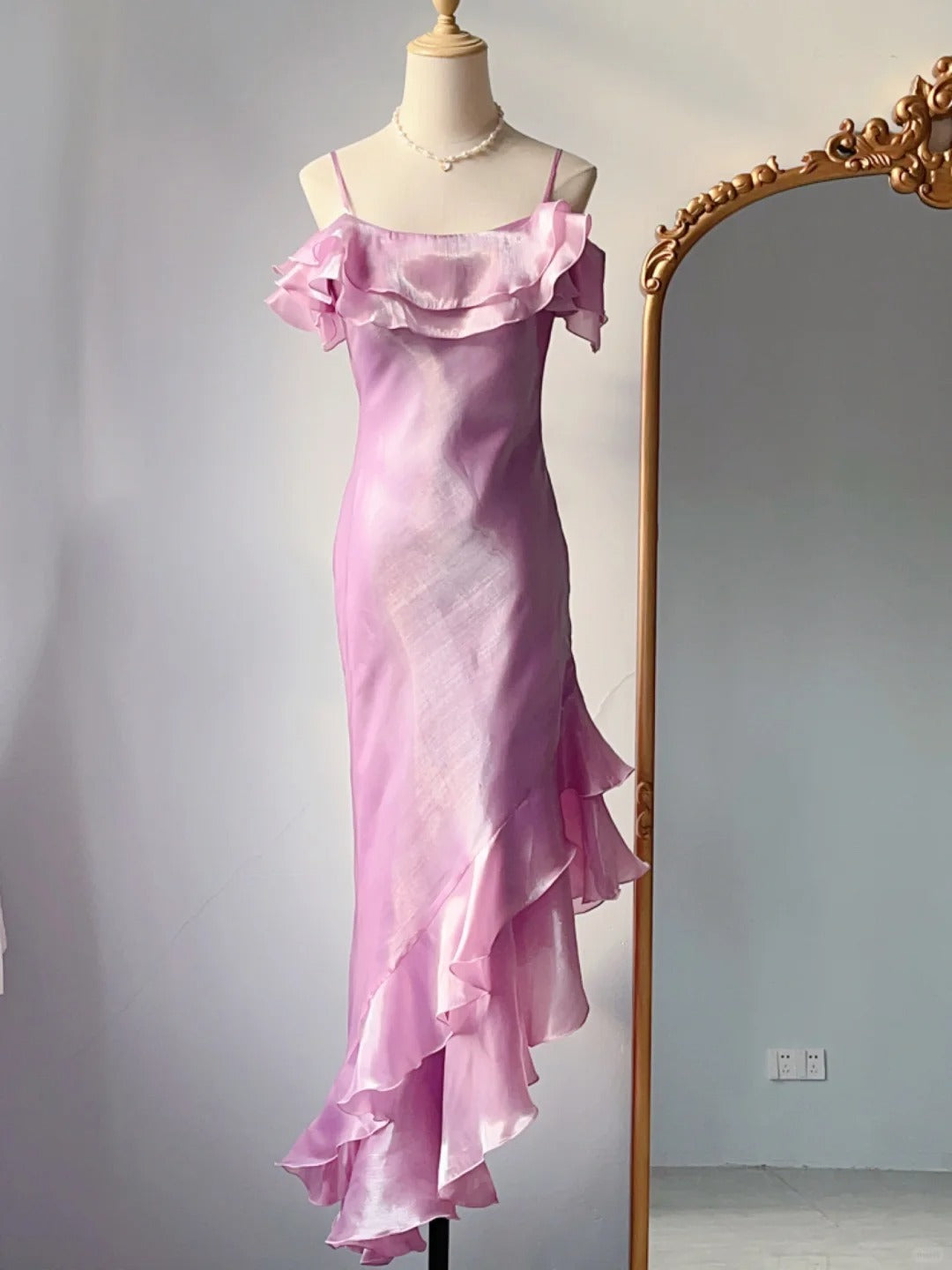 Robes de bal vintage fourreau à fines bretelles rose années 1970 sans manches asymétrique robe de soirée formelle RB3253