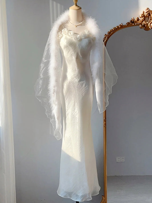 Vintage Prom Dresses Sheath Spaghetti Strap White 70s Sleeveless Long Evening Formal Dress RB3250