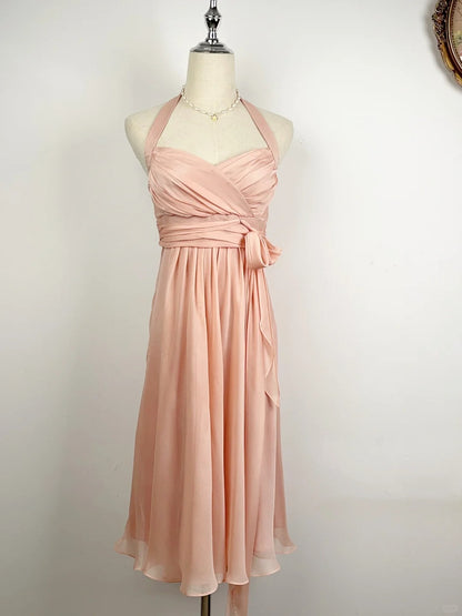 Retro A line Halter Blush Pink Chiffon Tea Length Prom Dresses Formal Party Outfits RB3920