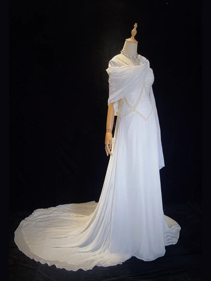 Robes de mariée romantiques Sirène Halter Chiffon avec perles Blanches Longue Robe de mariée N3404