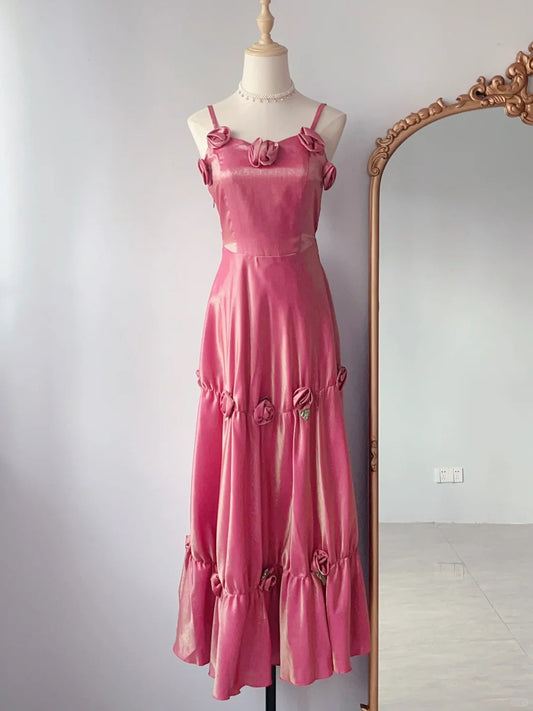 Modest A Line Spaghetti Strap Pink Floor Length Spring Summer Event Outfits Wedding Guest Dresses RB3231