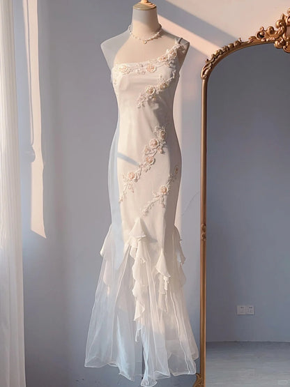 Vintage Mermaid One Shoulder White With Appliqued Chiffon Long Prom Dresses Formal Outfits RB3892