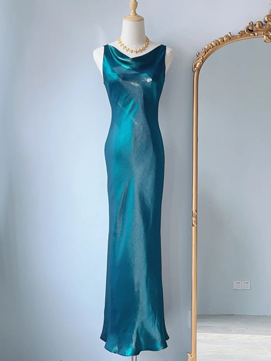 Vintage Prom Dresses 80s Sheath Cowl Neck Teal Blue Sleeveless Floor Length Evening Formal Outfits RB4267