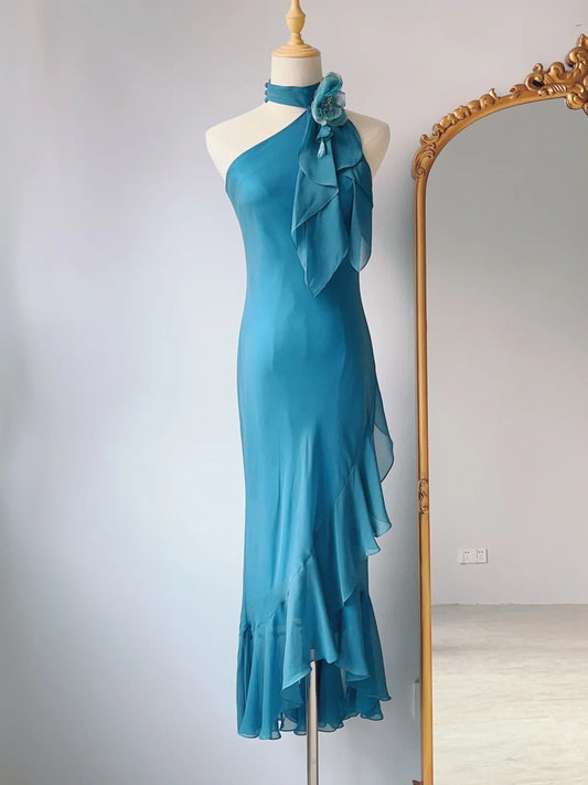 Vintage Prom Dresses 80s Sheath High Neck Blue Chiffon Sleeveless Tea Length Evening Formal Outfits RB4265