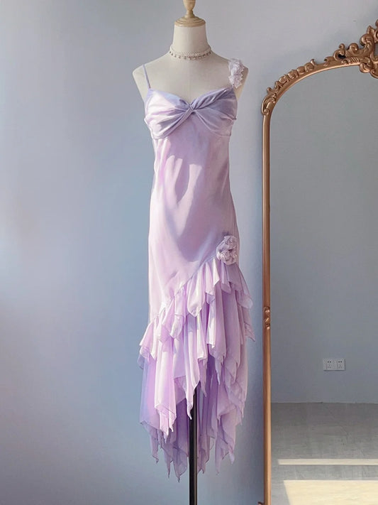 Vintage Prom Dresses 90s Mermaid Spaghetti Straps Lilac With Ruffles Sleeveless Tea Length Formal Outfits RB4264