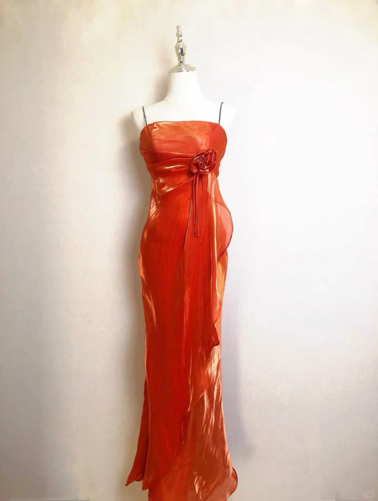 Vintage Prom Dresses Mermaid Orange Spaghetti Strap 80s Sleeveless Long Evening Formal Dress RB3241