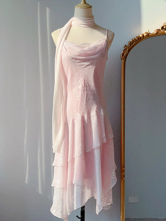 Vintage Prom Dresses Mermaid Pink Lace 80s Spaghetti Strap Chiffon Evening Formal Dress RB3246