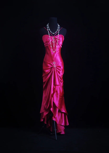 Vintage Prom Dresses 1950s High Low Halter Fuchsia With Beading Sleeveless Evening Formal Outfits RB4329