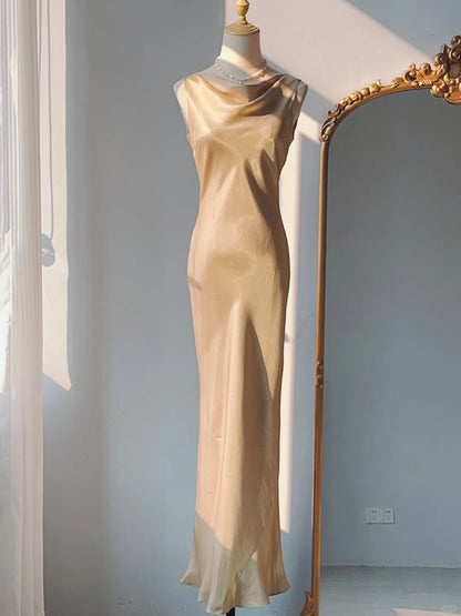 Vintage Abschlussballkleider 90er Meerjungfrau Wasserfallausschnitt Gold mit Rüschen Ärmellos Lange Abendgarderobe Formelle Outfits RB4253