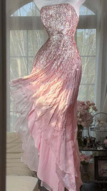 Elegante Ballkleider Meerjungfrau Trägerlos Rosa Chiffon High Low Formelle Abendkleider N3530