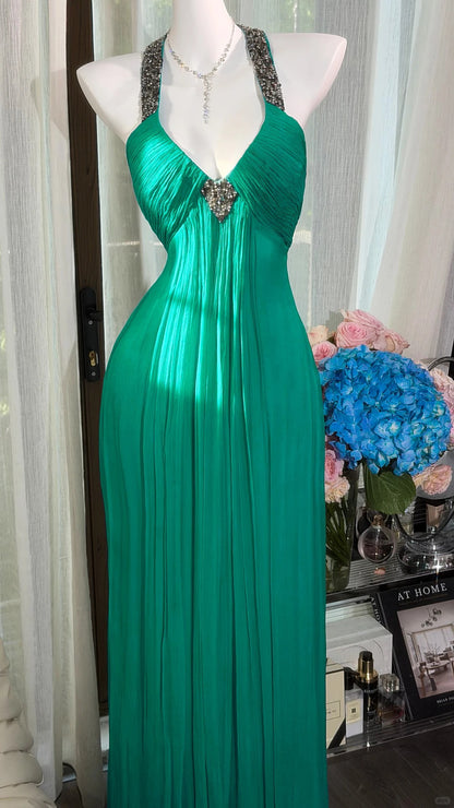 Classy A line Halter Blue Chiffon With Beads Sequin Long Prom Dresses Formal Outfits RB3888