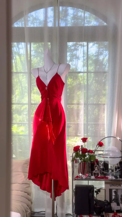 Charming Prom Dresses Mermaid Spaghetti Strap Red Chiffon Mid Length Evening Outfits N3580