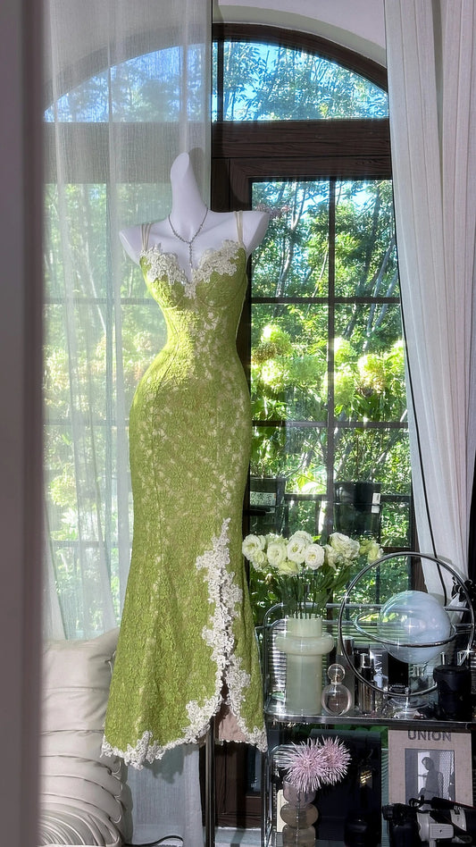 Modest Prom Dresses Mermaid Spaghetti Strap Green Sleeveless Lace Long Evening Outfits N3566