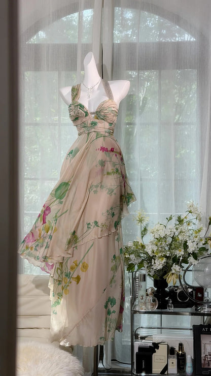 Classic A line Halter Champagne Chiffon Floor Length Prom Dresses Inspo Formal Outfits RB4510