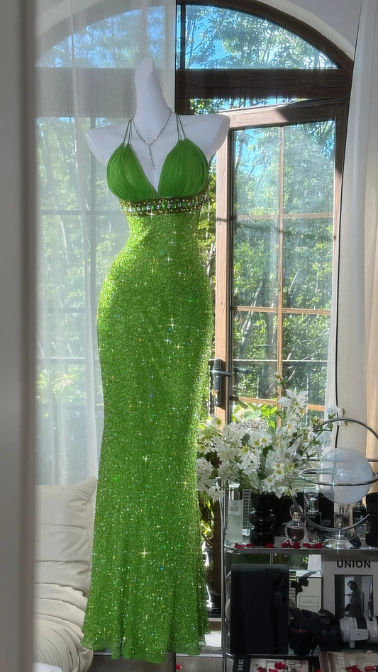 Modest Prom Dresses Mermaid Halter Green Sleeveless Sequin With Beading Long Evening Outfits N3567