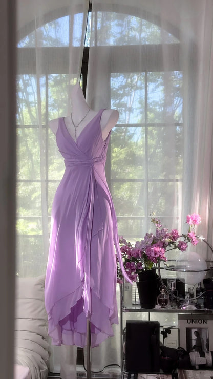 Charming Prom Dresses A Line V Neck Lilac Chiffon Mid Length Evening Outfits N3583