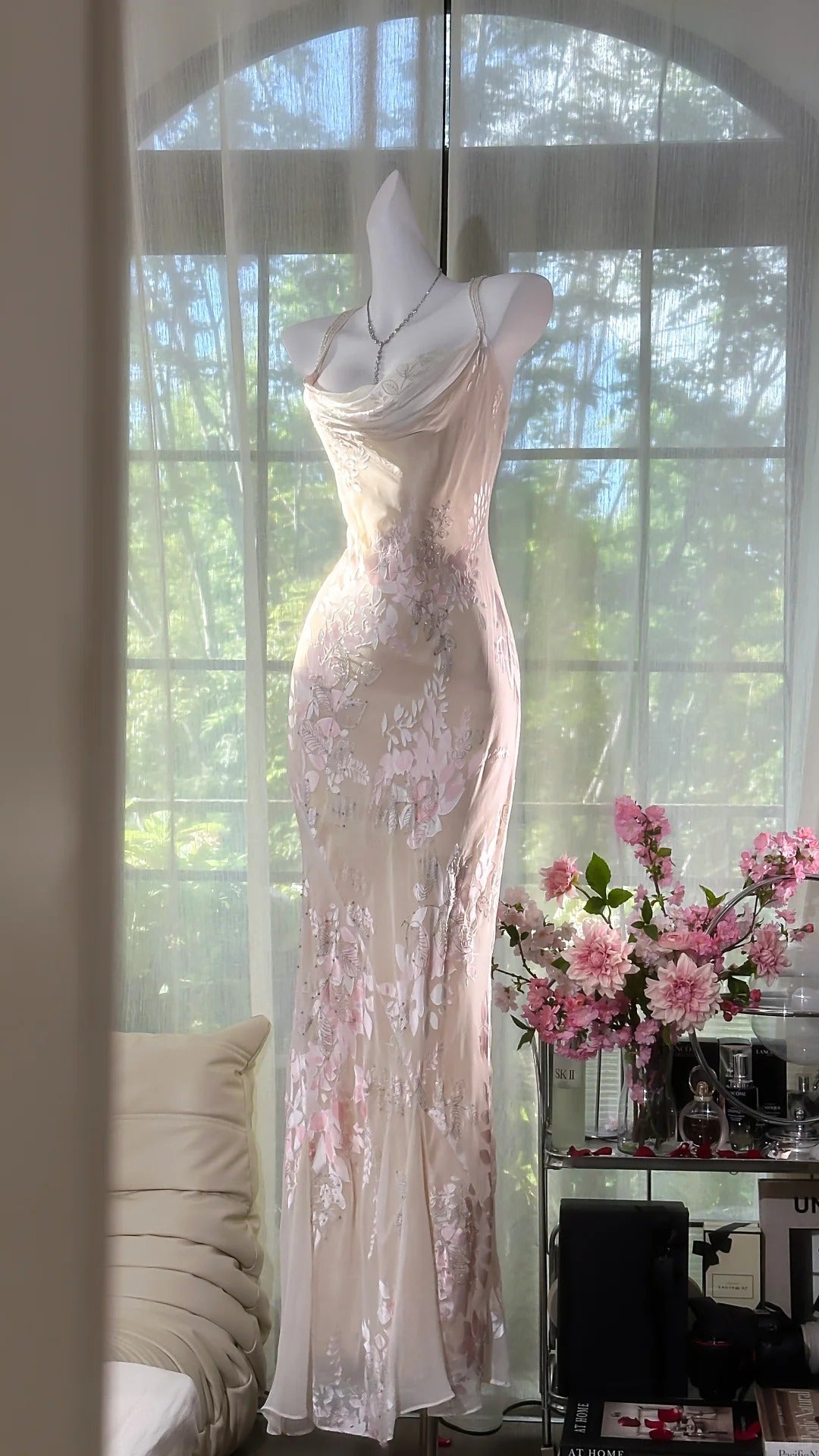 Charmantes Robes de Bal Sirène Bretelles Fines Rose Longueur Ras du Sol Tenues de Soirée N3561