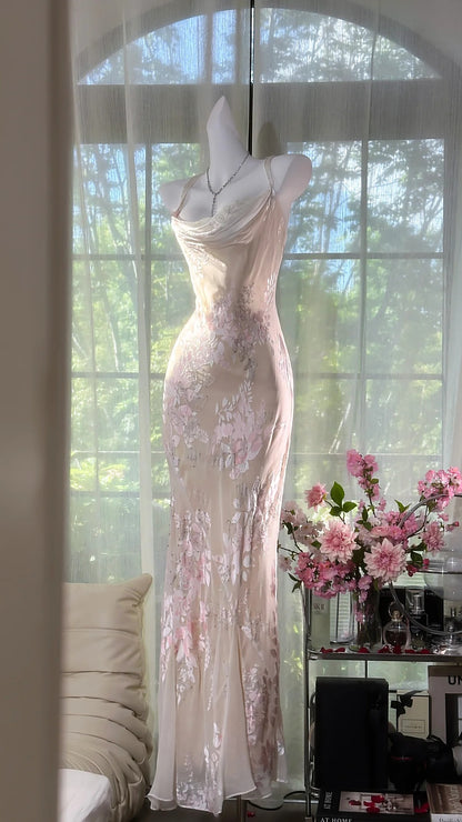 Charmantes Robes de Bal Sirène Bretelles Fines Rose Longueur Ras du Sol Tenues de Soirée N3561