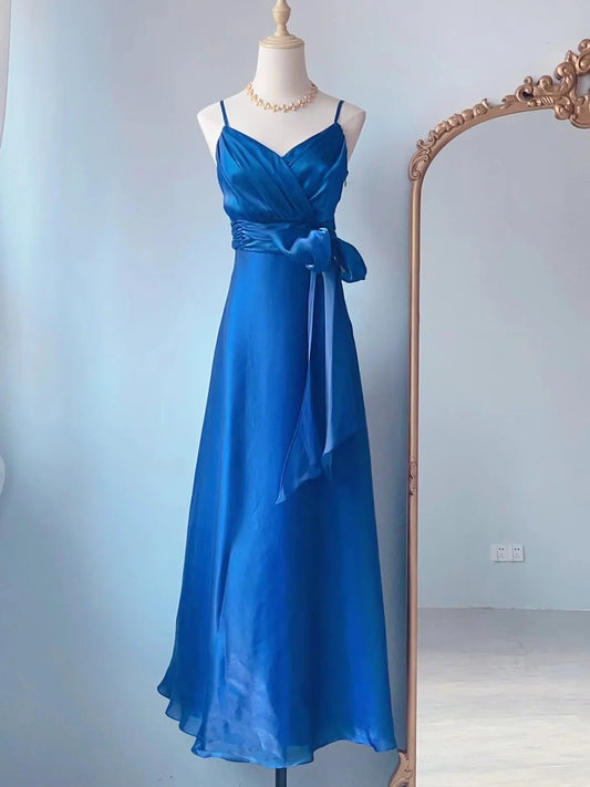 Vintage A Line 90s Spaghetti Strap Royal Blue Long With Ruffles Prom Dresses Formal Outfits RB3911