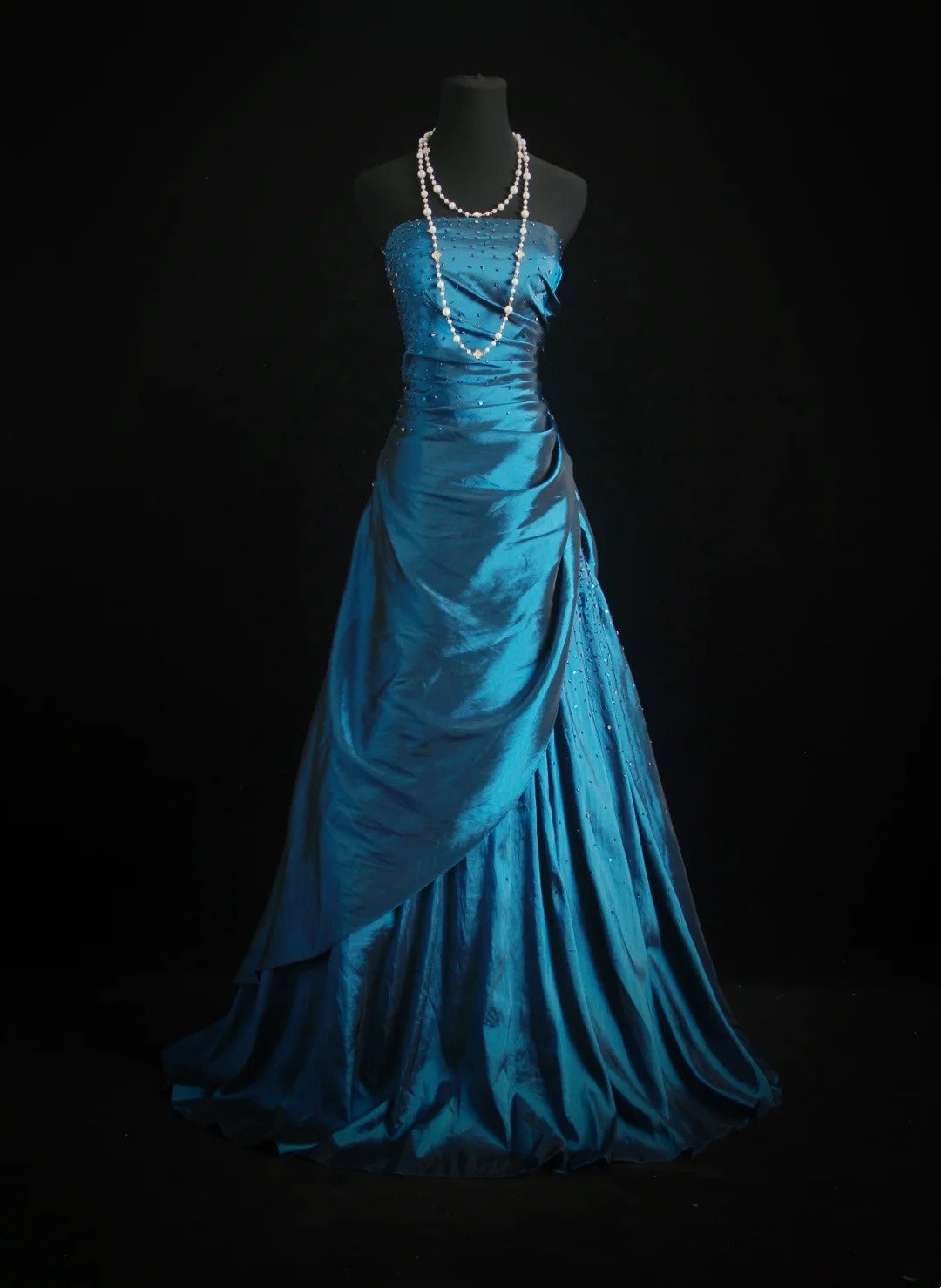 Princess Prom Dresses Ball Gowns Strapless Sleeveless Blue Satin With Beaded Bodice Evening Long Formal Dress RB3271