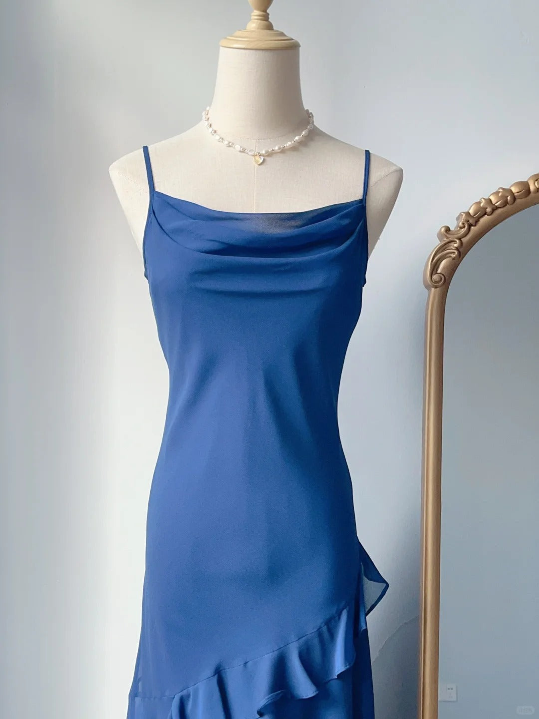 Vintage A line Spaghetti Strap Royal Blue Tea Length Chiffon Prom Dresses Formal Outfits RB3894